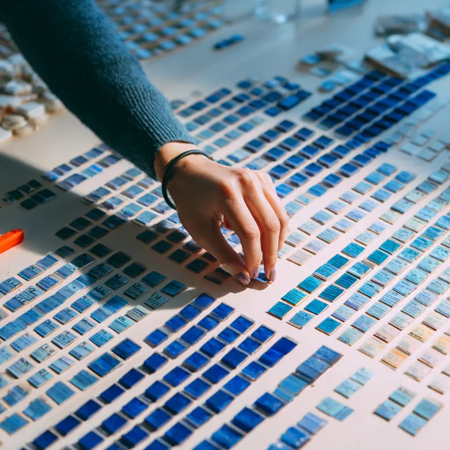 Una investigadora ubica una tarjeta entre filas de fichas de datos azules ordenadas