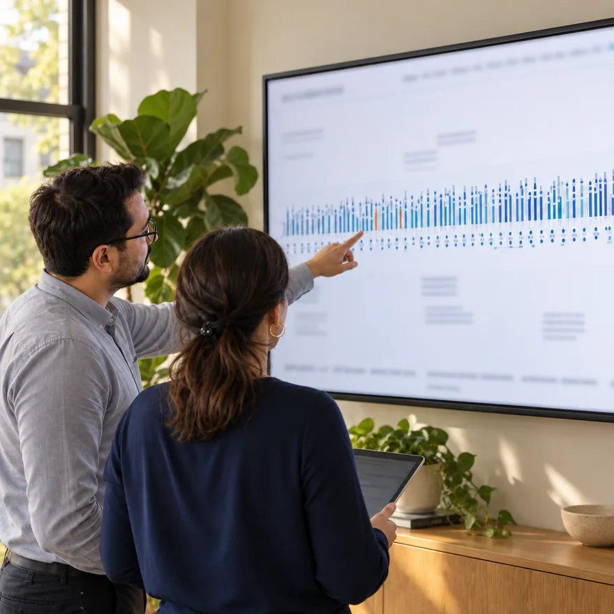 Two researchers reviewing a long timeline of study results on a wall screen