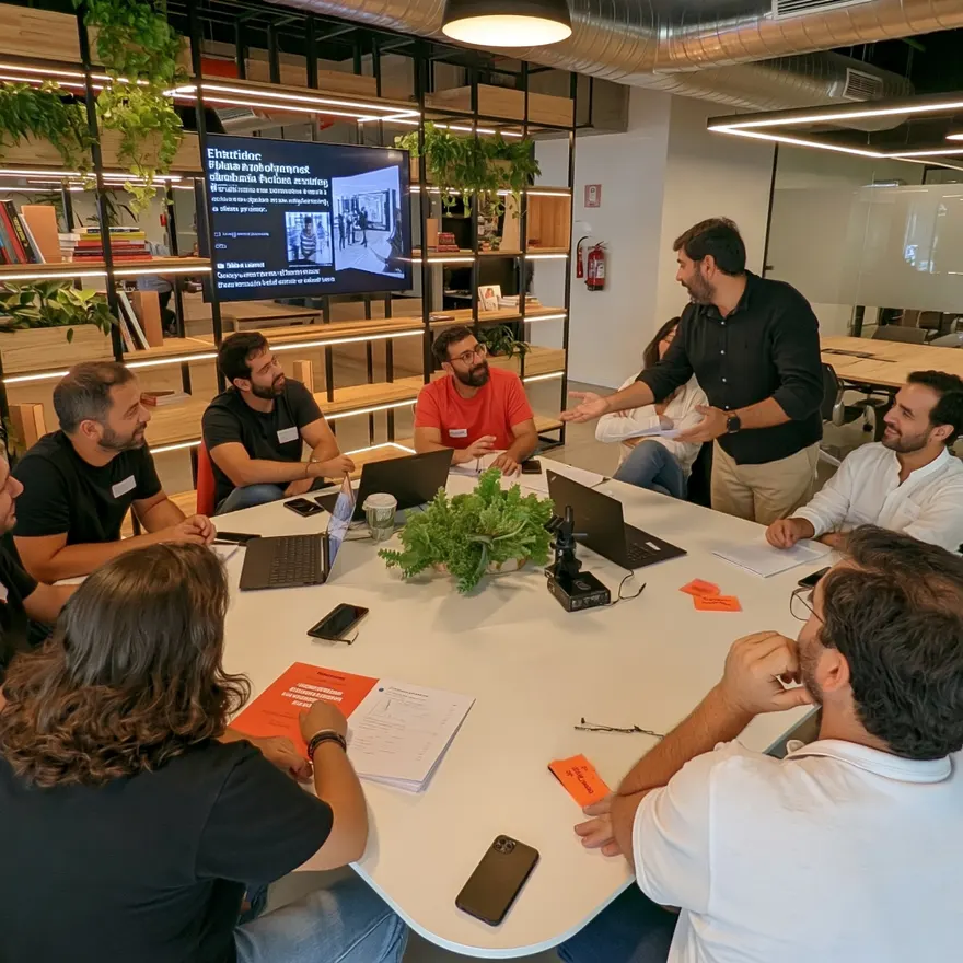 A moderator presents a concept on screen to a focus group seated around a table