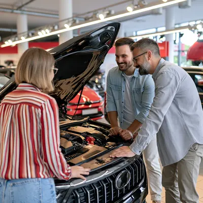 Automotive: customers looking at a car's engine in a showroom
