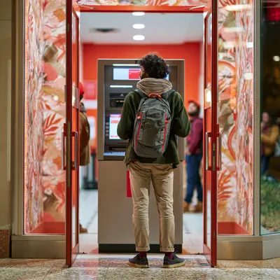 Banking: a customer using an ATM in a bank