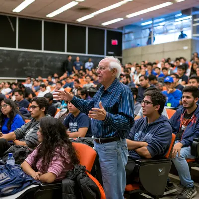 Education: a teacher speaking to students in a lecture hall