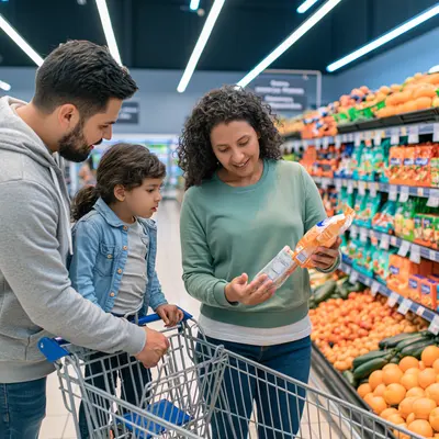 FMCG: a family comparing a product in a supermarket aisle