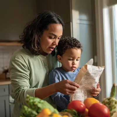 Nutrition: a mother and child reading a food label in a kitchen