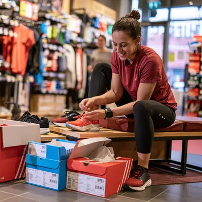 Sportswear: a shop assistant with running shoes in a sportswear store
