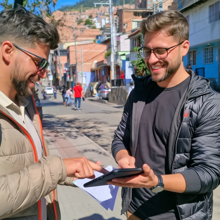 A field interviewer records answers on a tablet during a street interview in a Medellín neighbourhood